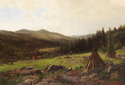 Charcoal Burner Family in Front of a Vast Hilly Landscape by Wilhelm Julius August Nabert